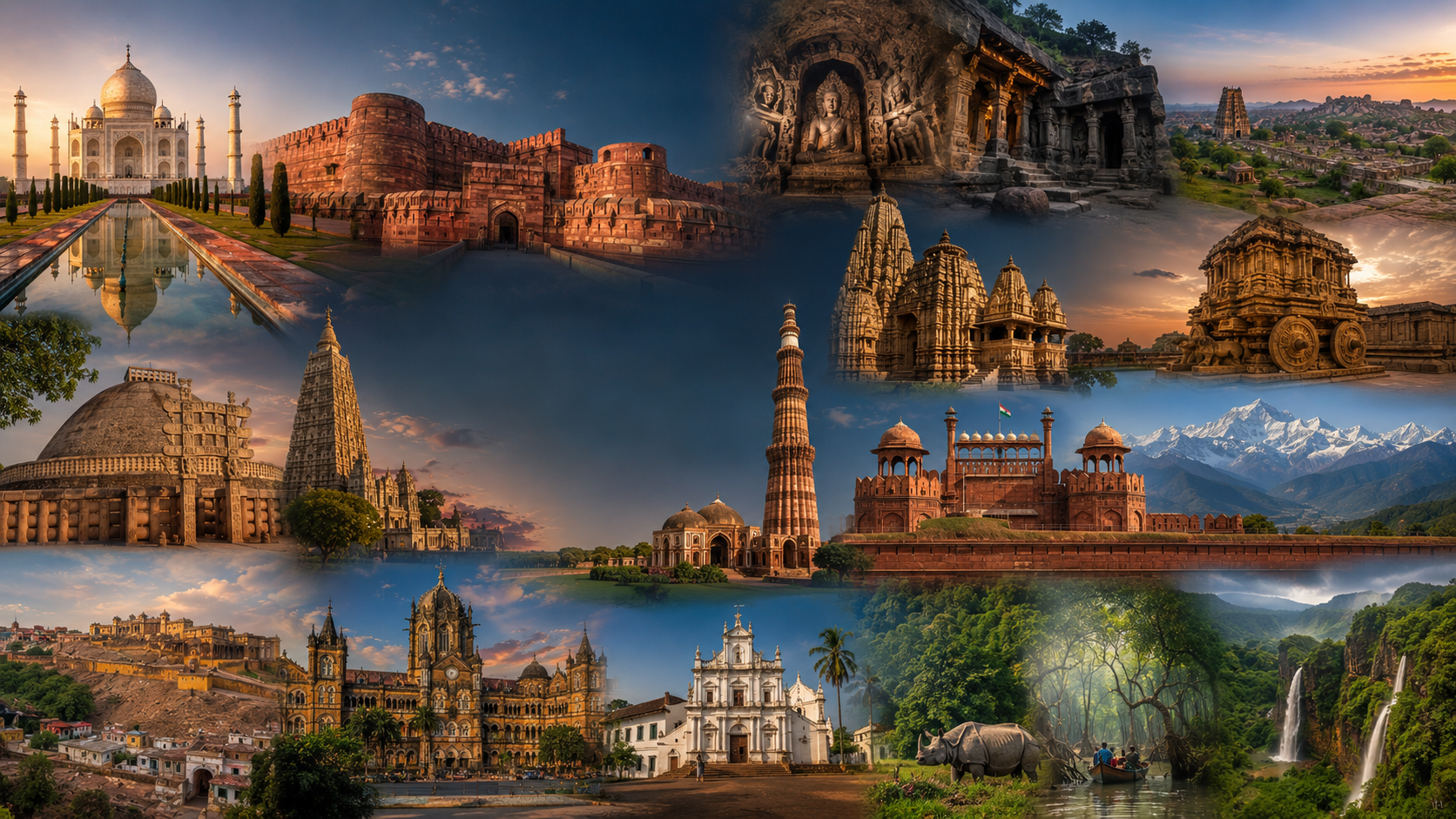 India UNESCO World Heritage Sites including historic monuments, temples, caves, heritage cities and natural landscapes